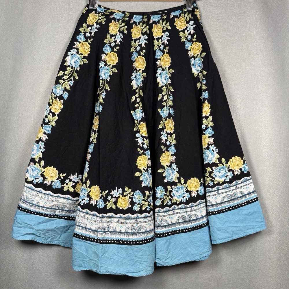 Basic Concepts Peasant Skirt Floral Black Blue Rhinestones